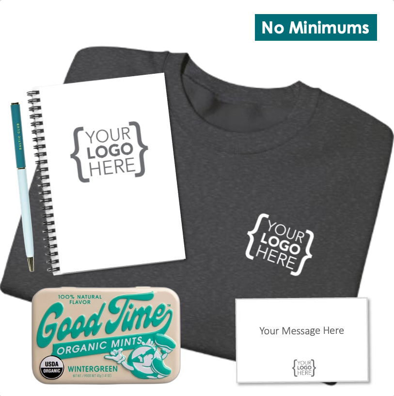 Branded office essentials set with a premium crewneck, notebook, pen, and mints, designed for new hires and client gifting
