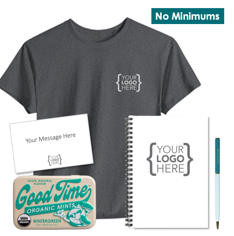Branded office essentials set with a premium t-shirt, notebook, pen, and mints, designed for new hires and client gifting