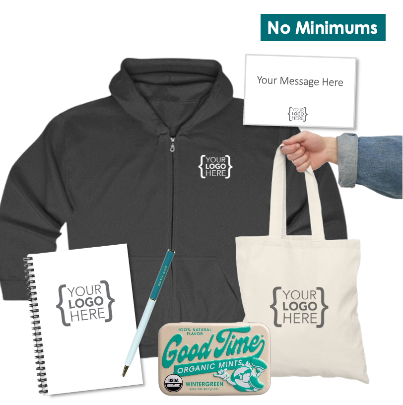 Branded office essentials set with a premium zip-up hooded sweatshirt, totebag, notebook, pen, and mints, designed for new hires and client gifting