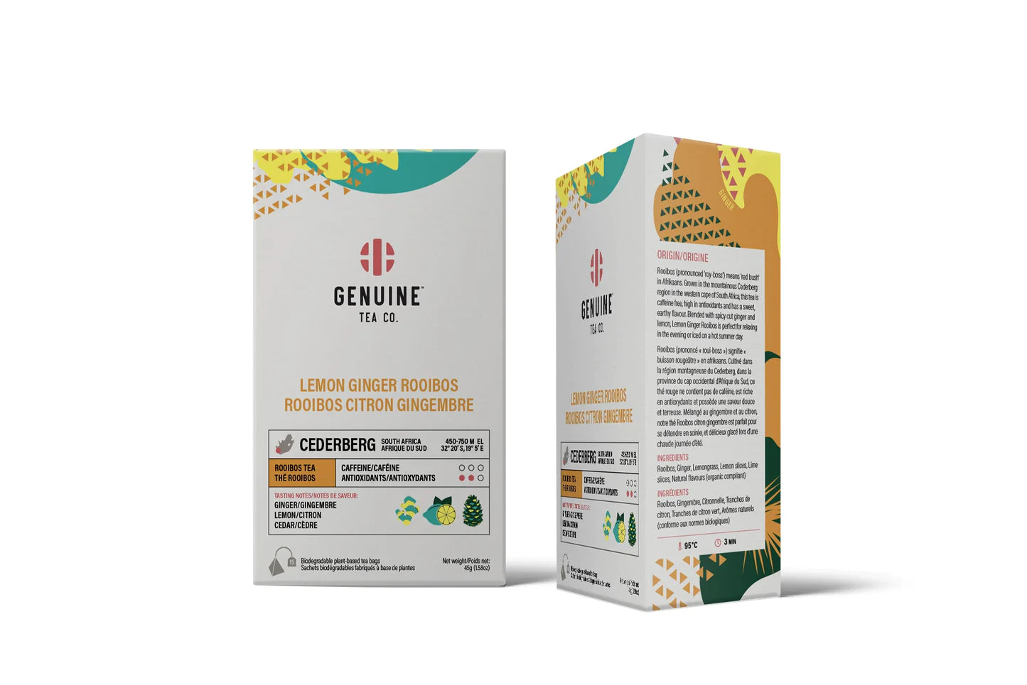 Genuine Tea - Lemon Ginger Rooibos Herbal (15 pyramid tea bags)