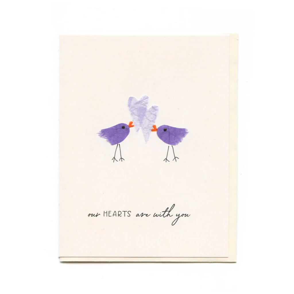 "OUR HEARTS ARE WITH YOU" Purple Birds with Hearts Card