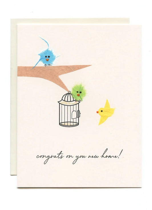 "CONGRATS ON YOUR NEW HOME!" BIRDS WITH CAGE CARD