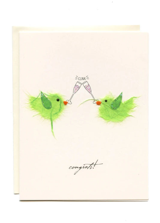 "CONGRATS!" GREEN BIRDS WITH CHAMPAGNE CARD