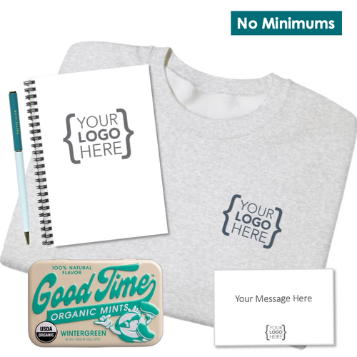 Branded office essentials set with a premium crewneck, notebook, pen, and mints, designed for new hires and client gifting