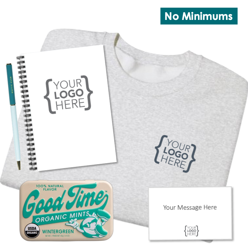 Branded office essentials set with a premium crewneck, notebook, pen, and mints, designed for new hires and client gifting