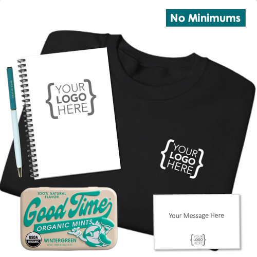 Branded office essentials set with a premium crewneck, notebook, pen, and mints, designed for new hires and client gifting