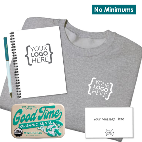 Branded office essentials set with a premium crewneck, notebook, pen, and mints, designed for new hires and client gifting