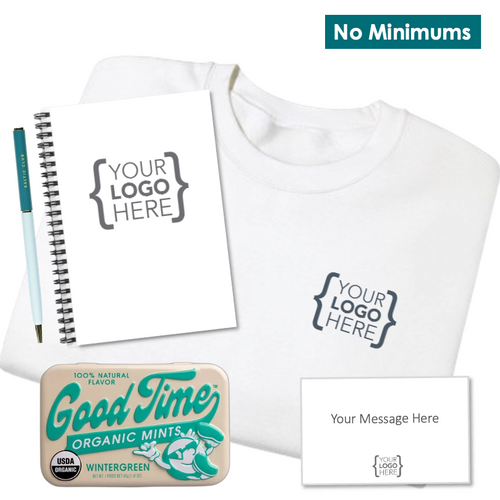 Branded office essentials set with a premium crewneck, notebook, pen, and mints, designed for new hires and client gifting