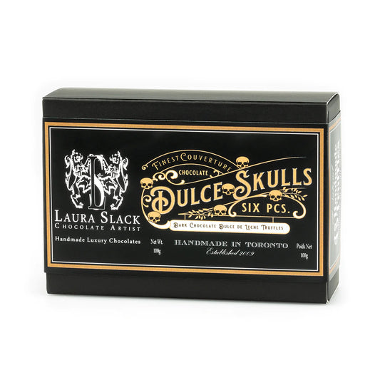 Laura Slack Chocolate - Dulce Skulls - 6 pc. Dulce de Leche in Dark Chocolate Skulls