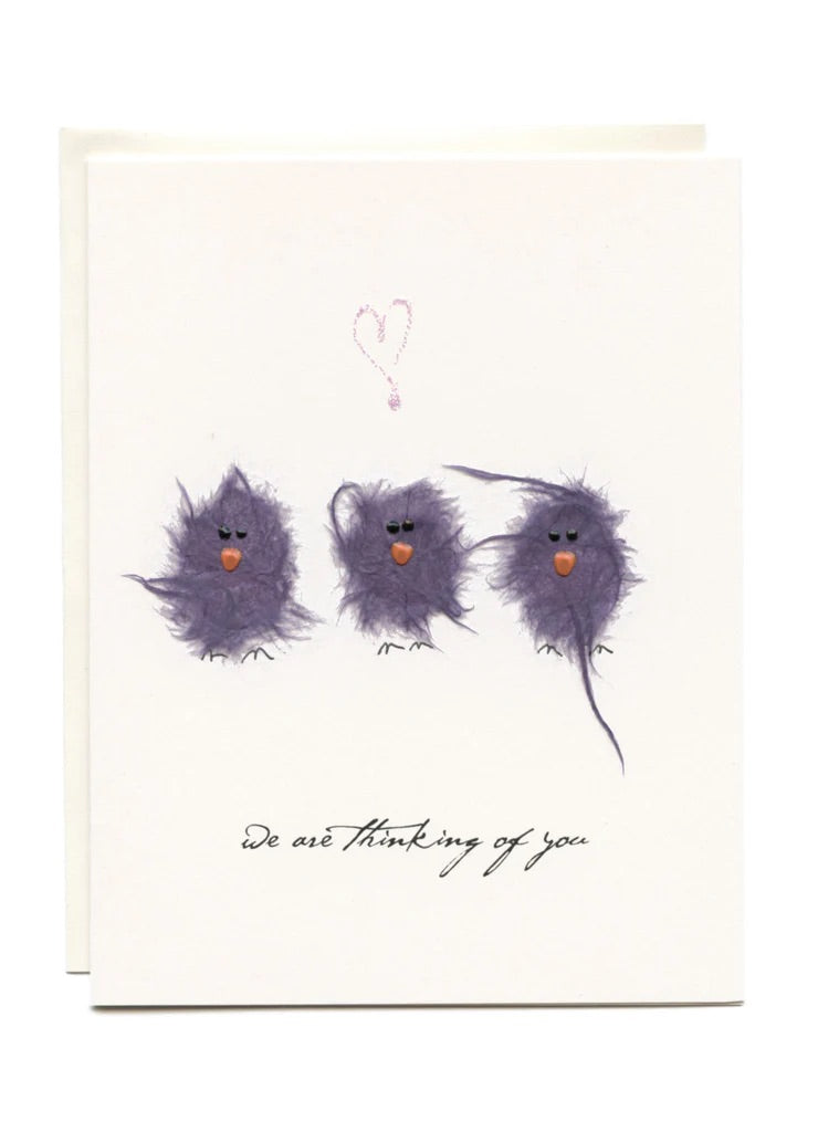 "WE ARE THINKING OF YOU" Three Purple Birds Card