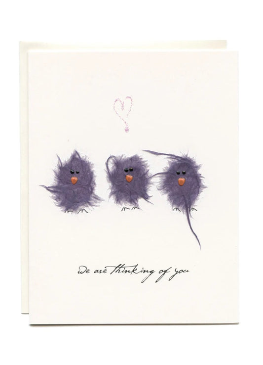"WE ARE THINKING OF YOU" THREE PURPLE BIRDS CARD